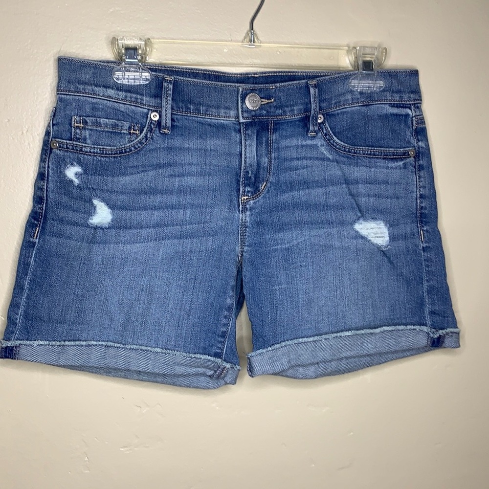 LOFT Jean Shorts Blue BOHO Distressed Raws Hem 5 Pocket Denim Whiskered 0